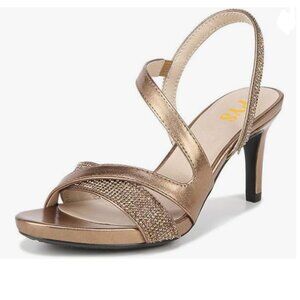 FYS Bronze Open Toe Sandals Rhinestone Studded Mid Heel Slingbacks Slip on Shoes